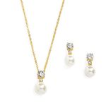 Mariell Pearl Wedding Necklace Earrings Set with CZ Crystal, Gold Jewelry for Brides, Prom, Mother's Day, Metal Gemstone Faux Pearl, Cubic Zirconia