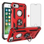 Phone Case for iPhone 6/6s/7/8 with Tempered Glass Screen Protector Stand Ring Holder Shockproof Silicone Heavy Duty Accessories i Phone6s Phone7s Phone7phone Six Seven 6a i6 i7 i8 7s 8s S Red