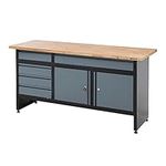 BiGDUG Garage Drawer Cabinet Workbench Workshop Storage - 842h x 1709w x 600d mm - 5x Drawer - 2 Door Cupboard - Black/Grey