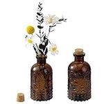 MyGift Vintage Amber Glass Diffuser Bottles with Cork Lid, Decorative Apothecary Embossed Flower Bud Vase, Set of 2