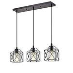 CADELON 3 Light Pendant Lighting, Black Cage Metal Pendant Light, Industrial Rustic Farmhouse Kitchen Island Dining Room Hanging Lamp, E26 Bulb