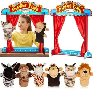 Seenelling 7 Pcs Wooden Puppet Show Theater for Kids Animal Hand Puppets Set Puppet Show Stage Puppets Soft Plush Animal Puppets for Kids Ages 4-8