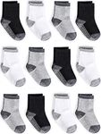 Zaples Grip Crew Socks with Non Slip/Anti Skid Soles for Baby Infants Toddlers Kids Boys Girls (Colored Blocked - 12 Pairs, 12-36 Months)