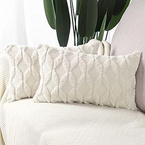 Madizz Pack of 2 Soft Plush Short Wool Velvet Decorative Throw Pillow Covers Luxury Style Cushion Case Pillow Shell for Sofa Bedroom Beige 12x20 inch Rectangular