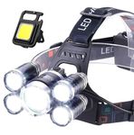 VIX STORE Headlamp Torch,12000 Lumen 5 Led 4 Modes Headlight with Keychain LED Light, Ipx4 Waterproof 18650 USB Rechargeable Headlamp Flash Light for Trekking (5 Led Head + Torch)