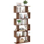 Yusong Bookshelf, Geometric Bookcase S Shaped Book Shelves Unit for Living Room, 6 Tier Tall Decorative Display Shelf for Bedroom, Study Room, Rustic Brown