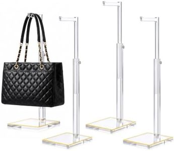 Perposnow Acrylic Purse Display Stand 4 Pack with Luxury Gold Trim Adjustable Height Handbag Holder 12.2 to 22.4 Inches Clear Wallet Rack with Thickened Anti Slip Base for Bags Necklaces Accessories