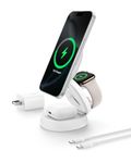 Belkin MagSafe Charger Compatible, 3-in-1 Qi2 Wireless Charging Station 15W, Convertible Wireless Charger for iPhone 17, Apple Watch, AirPods, Portable Phone Stand for Travel w/ 36W Adapter - White