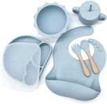 L'il Koala Rainbow Silicone Baby Led Weaning/Feeding Set - Suction Plate, Cup, Fork, Spoon, Silicone Bib with Food Catcher - BPA Free Food Grade Silicone - Dishwasher and Microwave Safe (Baby Blue)