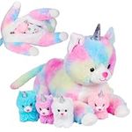 PixieCrush Unicorn Stuffed Animals for Girls Ages 3-8 - Mommy Cat Unicorn with 4 Baby Kittens - Magical Cat Pillow Plushies - Enchanting Plush Cat with Stuffed Kittens