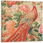 Manor Blush Chinoiserie Peacock Bird Floral Canvas Wall Art Chinoiserie Asian Canvas Paintings Modern Wall Paintings for Bedroom Living Room Kitchen Bathroom New Home Decor Ready to Hang 16x16in