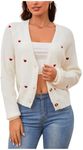 Verdusa Women's Cute Heart Print Button Down Cardigan Cute V Neck Long Sleeve Knit Sweater Cardigan Beige X-Small