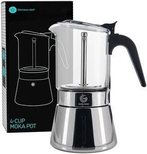 Coffee Gator 4 Cup Moka Pot, 5.4 Oz Stovetop Espresso Maker for Italian Coffee, Transparent Glass & Stainless Steel Design, Silver, 160ml