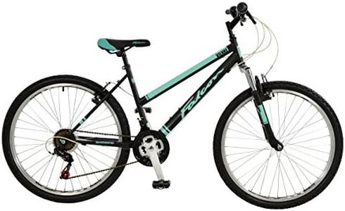 Falcon Vienne Womens' Mountain Bike Black/Teal, 17" inch steel frame, 18-speed Shimano rear derailleur and micro-shift rotational shifters strong and lightweight deep-section alloy wheel rims
