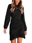 CUPSHE Women's Mini Dress Round Neck Ruffled Hem Ruched Long Sleeve Fitted Ribbed Knit Casual Dress Black M