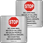 No Junk Mail Metal Sign Self Adhesive No Cold Callers Sign 15x15cm STOP No Cold Calling Sign Brushed Aluminium No Junk Mail No Cold Callers Sticker Signs for Front Door Letterbox Pack of 2