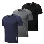 ZENGVEE 3 Pack Gym Shirts Men Dry Fit Short Sleeve Sport T-Shirts Breathable Moisture Wicking Athletic Running Tops Mens Workout Shirts(0426-Black Grey Navy-L)