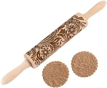 Evermarket Paisley Embossed Wooden Rolling Pin, Engraved Embossing Rolling Pin with Christmas Snowflake Flower Pattern for Baking Embossed Cookies,Cute Kitchen Tool for Kids and Adults