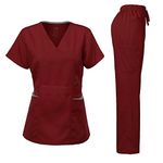 Dagacci Medical Uniform Women's Scrubs Set Stretch Ultra Soft Contrast Pocket, Burgundy, Medium