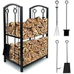 Crystals 2 Tier Metal Firewood Log Holder - Log Store - Log Rack for Fireplace - Firewood Rack for Fireplace Wood Storage Shelf with 4 Tools and Hooks, Indoor Outdoor, Large, Black