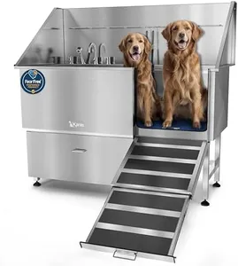 KANIS Professional Stainless Steel Dog Bathing Station - Dog Grooming Tub w/Ramp, Storage Drawer, Floor Grate & Faucet/Dog Bathtub for Large, Medium & Small Pets (61", Right RAMP - 1 Drawer)