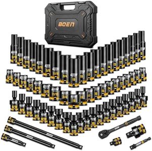BOEN 3/8" Drive Impact Socket Set, 67PCS Standard SAE (5/16"-3/4") & Metric (8-19mm) with Shallow & Deep Sockets, Includes Swivel Sockets, 6-Point Yellow Embossed Marking for Auto Repair, CR-MO Steel