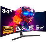 34 Inch Curved Gaming Monitor, Ultrawide 1500R PC Screen, 165Hz / 144Hz Computer Monitor Height Adjustable with FreeSync, Support HDMI, DP, Wallmount 75x75mm