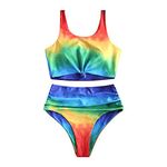 ZAFUL Women's Scoop Neck Knot Ruched Rainbow Tie Dye Two Pieces Swimsuit (Colourful, XL)