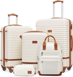COOLIFE 5-Piece Luggage Set – Suitcases, Backpack & Toiletry Bag, White/Brown