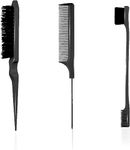 Sleek Bun Brush Set with Double Edge Brush, Toupee Brush and Pointed Tail Comb, Teasing Hair Brush Set and Rat Tail Comb Bristles for Women, Children and Hairdressers (Black)