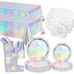 402 Pack Iridescent Party Supplies - Holographic Party Tableware Includes Iridescent Cup Napkins Straws Iridescent Foil Tablecloths for Birthday Disco Wedding 70s 80s - Serves 50
