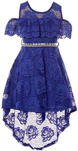 Girls Off Shoulder Hi-Lo Floral Lace Rhinestone Flower Girl Swing Summer Dress USA 4-16, Royal Blue, 16