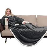 Winthome Double Warmer Wearable Blanket with Sleeves, Super Soft Sherpa Blanket for Adult Women Men (Grey)