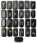 Crocon Black Agate Rectangle Shape Gemstone Runes with Elder Futhark Alphabet Engraved 25 pcs Rune Set Crystal Divination Metaphysical Healing Chakra Reiki Runes Set with a Pouch Size: 20-25mm