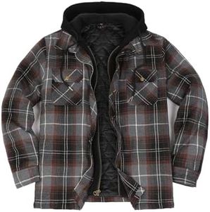 Men's Thicken Multi Pocket Flannel Jacket Snap Button Quilted Lined Hooded Outdoor Work Shacket Grey Black XXL