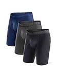 DAVID ARCHY Men's Bamboo Underwear Boxer Briefs Breathable and Soft with Fly Underwear Long Leg 8 inch 3 Pack (S, Black/Dark Gray/Navy Blue - 8 inch in 3 Pack)