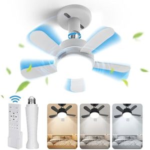 BLITZWILL Socket Fan Light with Remote, Ceiling Fans with Lights for E26/E27 Base, 3 Colors Dimmable, 6 Speeds, Reversible Motor, Timing, Memory Function, Mini Fan Light Bulb for Kitchen Bedroom