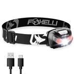 Foxelli USB Rechargeable Headlamp Flashlight - Provides up to 100 Hours of Constant Light on a Single Charge Ultra Bright Waterproof Impact Resistant Lightweight Comfortable Easy to Use BONUS - Two Mini USB Charging Cables Black-Compact