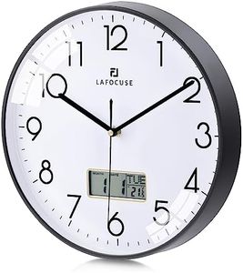 Lafocuse 12 Inch Silent Black Wall Clock with Date and Day, Temperature, Day of Week, Kitchen Wall Clocks for Living Room Modern, LCD Digital Wall Clock Battery Operated Office Bedroom