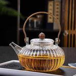 Roy Enterprise Premium Glass Teapot 1000ml for Loose Leaf Tea – Heat Resistant Borosilicate Kettle with Wooden Handle, Removable Filter & Drip-Free Spout, Ideal for Green, Black Tea (Ribbed)