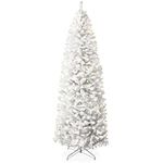 Best Choice Products 12ft Pre-Lit White Pencil Christmas Tree, Slim Hinged Artificial Decor w/ 900 Incandescent Lights, 1,800 Tips, Foldable Metal Base