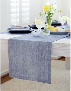 Solino Home 100% Pure Linen Table Runner Indigo Long, Athena 14 x 156 in