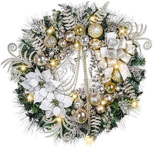 Valery Madelyn Pre-Lit 30 inch Elegant Champagne Gold Large Lighted Christmas Wreaths for Front Door with Ball Ornaments Beads, Battery Operated 40 LED Lights, Holiday Decoration Fireplace Xmas Decor