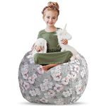 Creative QT Stuffed Animal Storage Bean Bag Chair - Stuff 'n Sit Organization for Kids Toy Storage - Large Size (33", Grey Floral)