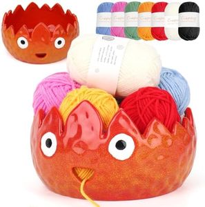 Coopay Flame Yarn Bowl for Crocheting/Knitting, Cute Yarn Storage Bowl with 7PCS Yarn, Large Size Ceramic Yarn Bowl Crochet Knitting Bowl for Beginners, Great Knitting Crochet Gift (7in)