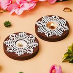 eCraftIndia Brown & White Round Handcrafted Wooden Block Print Tea Light Candle Holders, Diya Stands - Tea Light Holders - Christmas Diwali Decoration Items for Home Decor - Set of 2