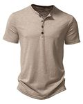 Men's Casual Smart Short Sleeve Muscle Fit Henley T Shirt Summer Stylish Grandad Collar 4 Buttons Slim Fitted Collarless Polo T-Shirts Tops-Khaki-XL