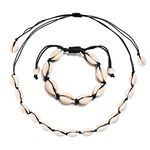 Hantaostyle Girls' Natural Adjustable Cowrie Shell Necklace Handmade Woven Adjustable Boho Hawaii Sea Beach Choker Necklace + Bracelet Black