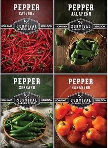Survival Garden Seeds Hot Pepper Collection Seed Vault - Cayenne, Habanero, Jalapeño, Serrano Seed Packets to Grow in Your Vegetable Garden - Non-GMO Heirloom Seeds - 4 Packs of Popular Hot Peppers