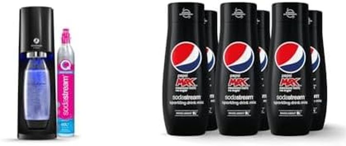 SodaStream E-Terra Sparkling Water Maker, Sparkling Water Machine & 1L Fizzy Water Bottle, Retro Drinks Maker w. BPA-Free Water Bottle, Quick Connect Co2 Gas Bottle & Pepsi Max Syrup x 6 - Black